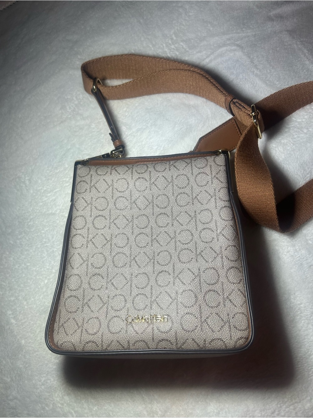 Calvin Klein Beige & Brown CK Monogram Crossbody Bag